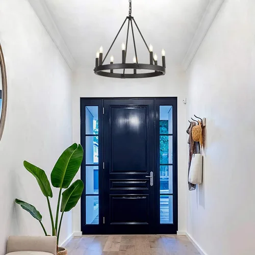 Vista 2 de Candelabro de 8 luces con rueda de carro, de 24 pulgadas, color negro, redondo, para comedor, moderna e industrial, isla de cocina, lámparas