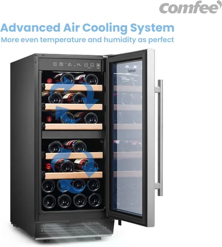 Vista 7 de COMFEE' CRW28B7AST Enfriador de vino independiente e integrado, refrigerador de vino de 28 botellas, zona de enfriamiento doble, control digital
