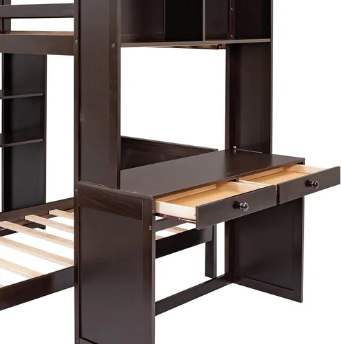 Vista 5 de Cama tipo loft de tamaño individual con armario, marco de cama de madera con plataforma independiente, estantes de almacenamiento y barandilla