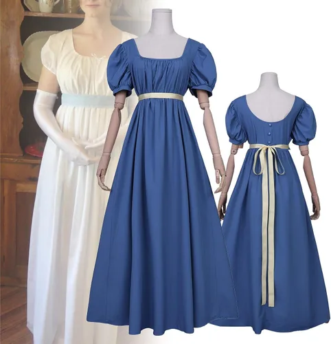 Vista 8 de HEQU - Vestidos de la época de la Regencia para mujeres, con satén, faja fruncida, vestido imperio, vestido de cintura