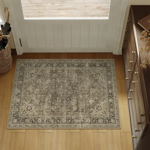 Vista 2 de Alfombra de área marrón lavable de 2 x 3 pies, alfombra vintage para entrada y cocina, antideslizante, suave, de pelo bajo desgastado, alfombra