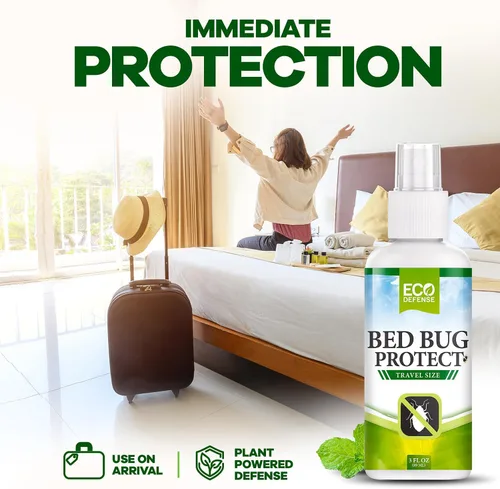 Vista 3 de Eco Defense - Spray contra chinches de tamaño de viaje - Aprobado por TSA 85 ml – Artículos esenciales de viaje para hotel, crucero, vacaciones