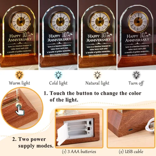 Vista 4 de YWHL Regalos de Reloj del 10º Aniversario de Boda para Parejas, Regalo de Cristal de Feliz 10 Años de Aniversario para Ella y Él, Regalos de Reloj