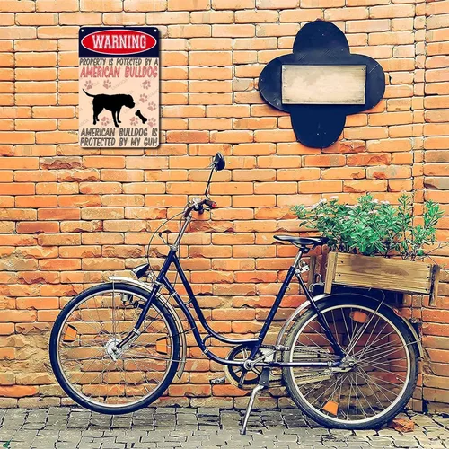 Vista 6 de LIUAXICIA Letreros divertidos de metal con texto en inglés "Warning Property is Potected by A American Bulldog is Protected by My Gun" The Coffee