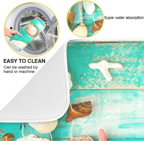 Vista 2 de Tapete absorbente para secado de platos para encimera de cocina, conchas verdes en la tabla de madera, almohadilla de secado de microfibra, 27