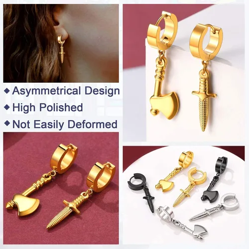 Vista 4 de FaithHeart Aretes de aro Huggie para mujer, acero inoxidable, chapado en oro de 18 quilates, aretes colgantes de gota de AnkhCrossCandkBocina