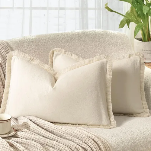 Vista 14 de ZWJD Juego de 2 fundas de almohada de 16 x 16 pulgadas, color beige, con flecos, de algodón, decorativas, cuadradas, para sofá, cama, sala de estar