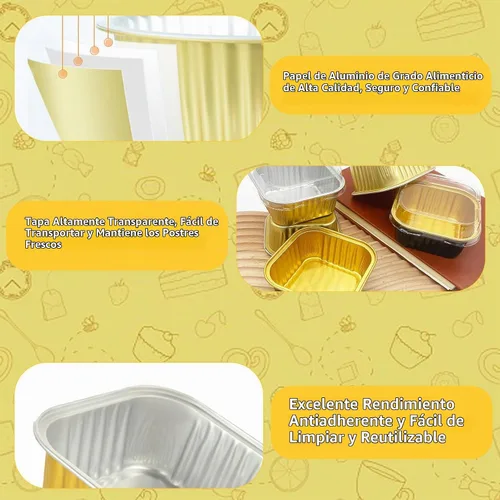 Vista 3 de Paquete de 100 mini moldes cuadrados para tartas con tapas, de papel de aluminio dorado de 5 onzas, recipientes individuales de postre