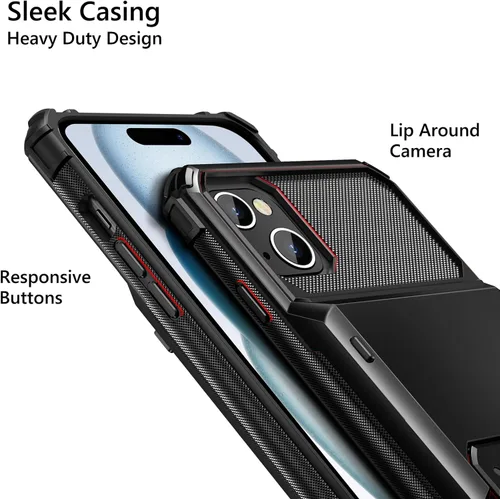 Vista 3 de Vofolen Funda compatible con iPhone 15 con soporte para tarjetas, funda de doble capa de 4 tarjetas, resistente a prueba de golpes, ranura