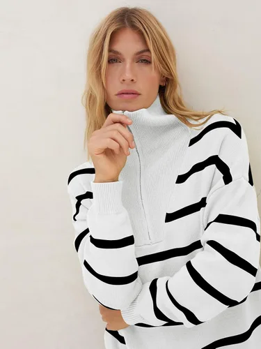 Vista 4 de MEROKEETY Vestido tipo suéter a rayas con media cremallera para mujer, manga larga, para otoño e invierno