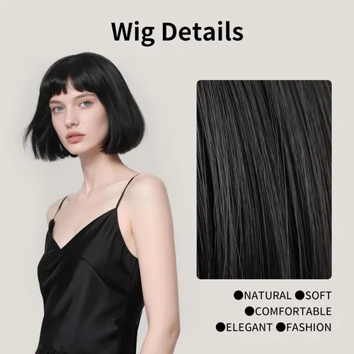 Vista 6 de Onedor - Peluca de cabello corto y recto de 10 pulgadas para cosplay, peluca Bob (Negro)