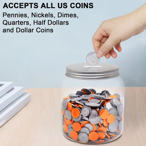 Vista 4 de Paquete de 2 monedas de plástico transparente grande con tapa ranurada plateada, monedas de plástico grandes, alcancía para cambio de dinero, tarro