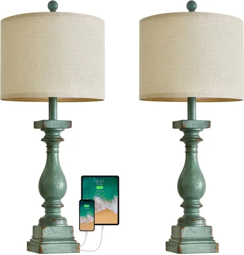 Vista 5 de BOBOMOMO Juego de 2 lámparas de mesa estilo granja de 27 pulgadas con USB A+C para dormitorio, sala de estar, lámparas vintage rústicas