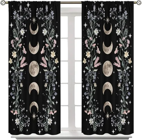 Vista 2 de Cortinas Florales de Luna Flores Silvestres Fase Jardín Iluminado por la Luna Estética Boho Primavera Naturaleza Juego de Tratamiento de Ventana