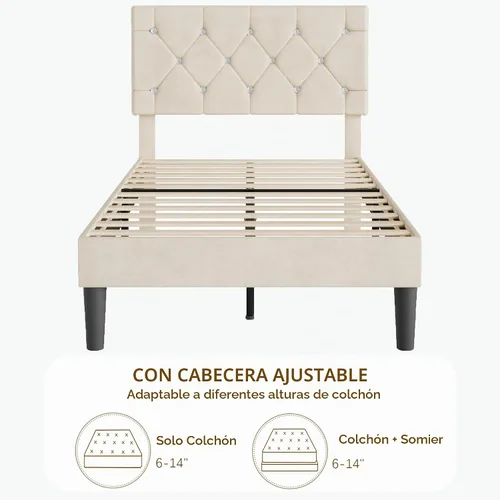 Vista 7 de VECELO Base de cama tamaño individual con plataforma tapizada con cabecera ajustable de botones de diamante, soporte de listones de madera,