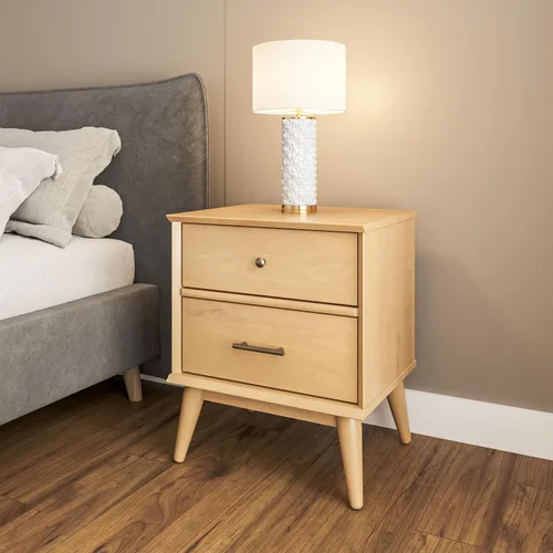 Vista 10 de Mesita de noche Mid-Century con dos cajones, fabricada con madera maciza, acabado castañón Castañho