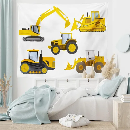 Vista 6 de Lunarable Tapiz de dibujos animados, inspirado en la animación, dibujo de maquinaria pesada, impresión de excavadora, decoración de tela para colgar