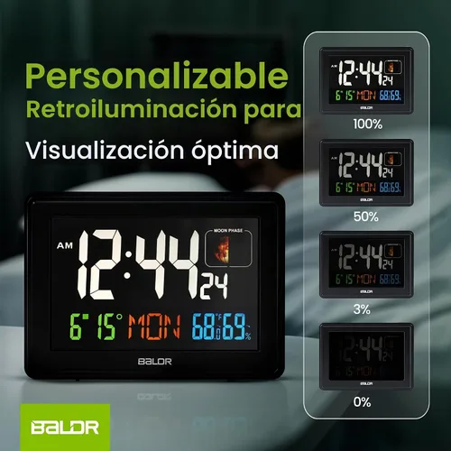 Vista 2 de BALDR Relojes Atómicos para Dormitorios Pantalla Digital Grande - Negro - Reloj de Escritorio con Temperatura Interior y Humedad, Reloj de Mesa