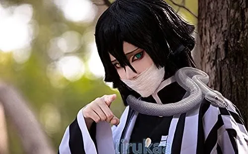 Vista 6 de iirukaa Iguro Obanai Peluca Cosplay para Demon Slaye Anime Kimetsu no Yaiba Personajes de Halloween, pelucas de cosplay con gorra de peluca gratis