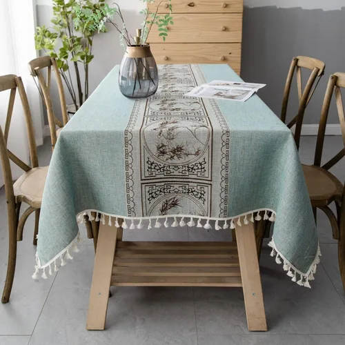 Vista 6 de Pahajim Mantel de lino rústico rectangular con borlas a rayas de algodón para mesa de cocina y comedor, cuadrada, 55 x 55 pulgadas, 4 asientos