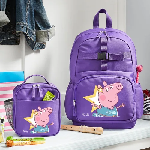 Vista 2 de Let's Make Memories Mochila infantil para la escuela, personalizada, bolsa de Peppa Pig con lonchera opcional, color morado, baile