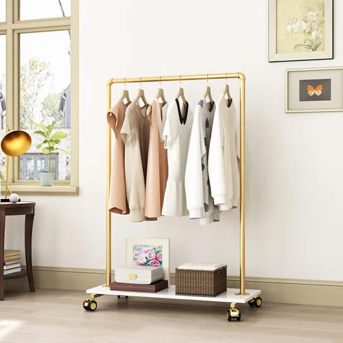 Vista 3 de Perchero de metal dorado con estante de madera, perchero resistente con ruedas para dormitorio, uso en boutiques minoristas (37.4 pulgadas de largo)