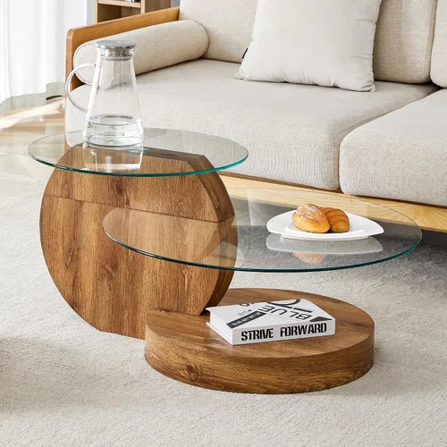 Vista 10 de Ebullient Mesa de centro redonda moderna de cristal, 3 niveles con base de madera, mesa central geométrica para sala de estar, muebles de acento