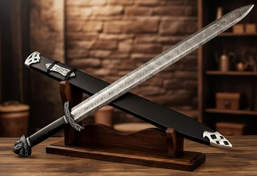 Vista 4 de Espada vikinga de acero de Damasco con vaina de cuero, espada coleccionable medieval del norte nórdico Espada larga LARP y cosplay hecha a mano