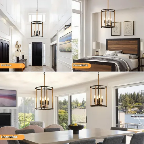 Vista 5 de Luvkczc Candelabro de 4 Luces, Luz de Techo Estilo Granja, Lámpara de Linterna Negra Accesorios de Iluminación con Jaula de Cuerdas, Altura