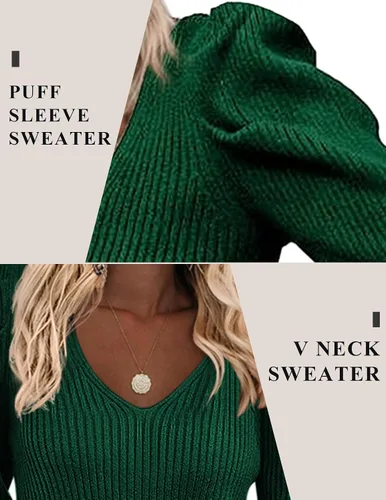 Vista 8 de Zeagoo Suéteres de cuello en V para mujer, estilo casual, manga abombada, color liso, suave, ajustado