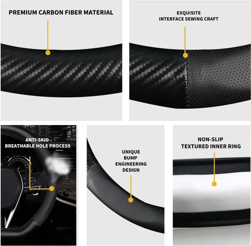 Vista 4 de Funda para volante en forma de D, protector de cuero de alta calidad para volante de automóvil, diseño deportivo de fibra de carbono, antideslizante
