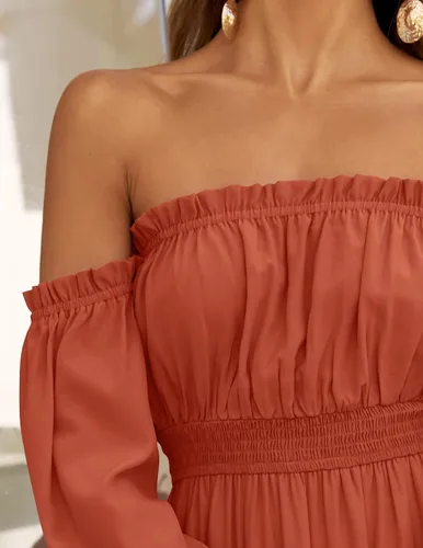 Vista 45 de ZESICA - Vestido largo, bohemio y sexy, con hombros descubiertos y manga larga fruncida, con elástico fruncido, cintura alta y abertura lateral