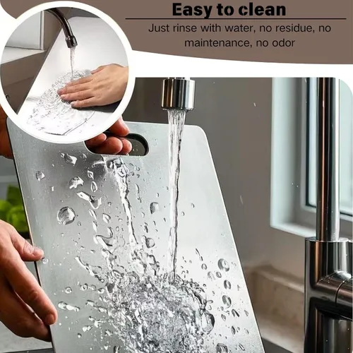 Vista 3 de Tabla de cortar de acero inoxidable de doble cara, tabla de cortar de grado alimenticio de doble cara, segura y práctica, para cortar carne, frutas