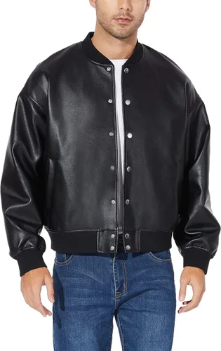 Vista 7 de Fahsyee - Chaquetas de cuero para hombre, chaqueta bomber de piel sintética con solapa de motociclista, cierre asimétrico de cremallera, cinturón