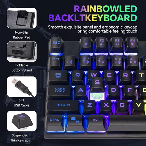 Vista 2 de Juego de teclado para juegos, mouse y mouse con micrófono, todo en uno, USB con cable RGB, retroiluminado, arco iris, botón lateral, compatible