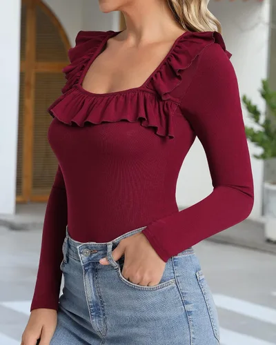 Vista 3 de MANGOPOP Lindo body de manga larga con cuello cuadrado y tirantes para mujer