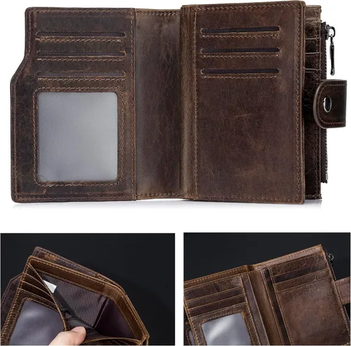 Vista 25 de LUKZIJAES Billetera de cuero genuino para hombre, con bloqueo RFID, delgada, plegable, bolsillo frontal, #3-Café, Vintage