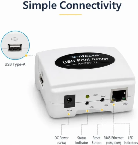 Vista 3 de X-MEDIA XM-PS110U 1-Port 10/100Mbps Fast Ethernet Servidor de impresión USB Servidor de impresión de red de puertos USB 2.0