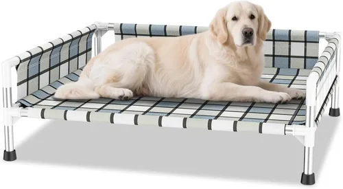 Vista 8 de Cama elevada elevada para perros al aire libre – Cuna fresca y lavable para perros con barandilla, cama de malla de algodón duradera y transpirable