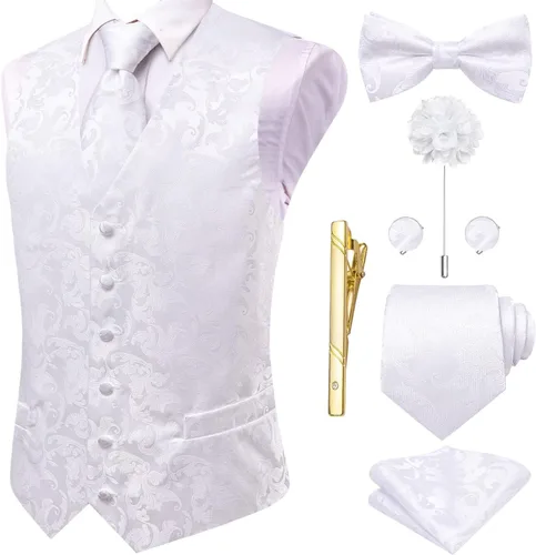 Vista 51 de Hi-Tie Chaleco de traje de seda para hombre, corbata y corbatín de solapa, clip de corbata dorado, chaleco floral de cachemira, 8 piezas, conjunto