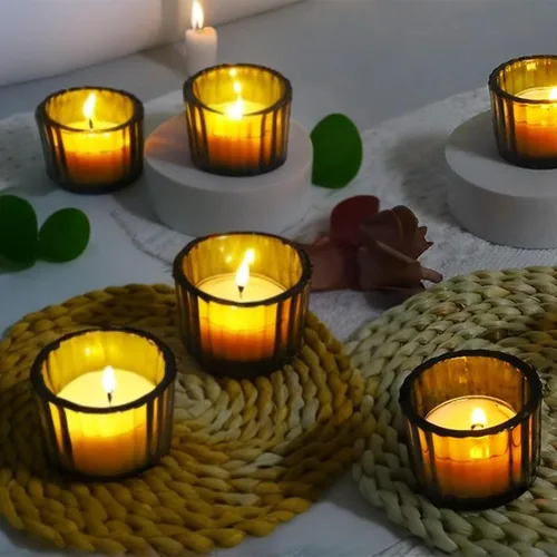 Vista 4 de GOLDEAL Portavelas ámbar Tealight, juego de 24 portavelas de vidrio grueso, portavelas votivas, para decoración de mesa de boda, suministros