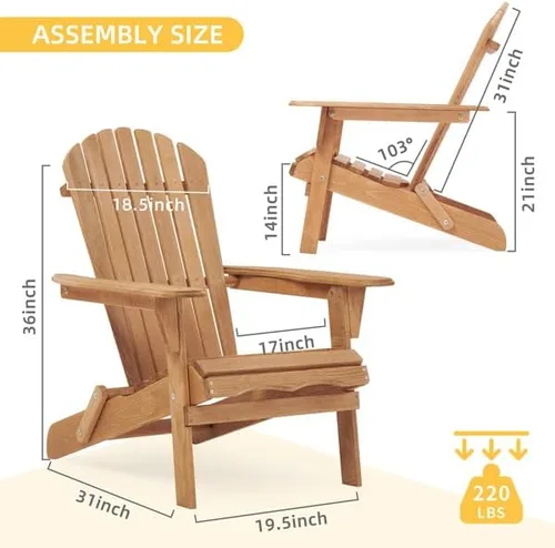 Vista 3 de Set of 2 Folding Wooden Adirondack Chairs – Solid Cedar Wood Outdoor Lounge Chairs with Embossed Grain, Foldable Garden Patio Seating with Wide