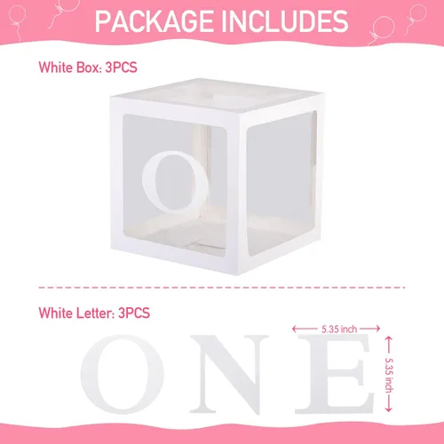 Vista 2 de Decoraciones de Primer Cumpleaños Para Niño o Niña, 3 Piezas Cajas de Globos ONE Para 1er Cumpleaños, Bloques Transparentes Para Bebé Decoración