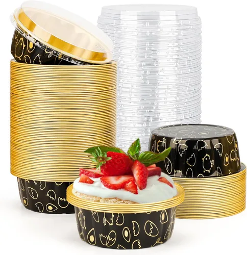 Vista 24 de Beasea Disposable Ramekins with Lids, 50 Pack 8oz 235ml Aluminum Foil Baking Cups with Lids, Aluminum Creme Brulee Ramekins Muffin Cupcake Pudding