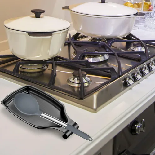 Vista 4 de LIANYU Soporte de cuchara negro para encimera de cocina, cuchara de acero inoxidable para estufa, soporte para utensilios de espátula con parte