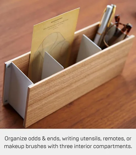 Vista 3 de YAMAZAKI Home Rin Organizador de escritorio, control remoto de TV y soporte para bolígrafos, pequeño, acero + madera