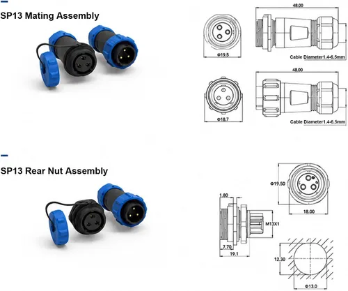 Vista 5 de Uonecn SP13 IP68 Impermeable 2 Pin LED Conectores de Alta Potencia 2 Pin Enchufe de Alimentación Kit Circular Kit Macho Enchufe Hembra Socket 5 Sets