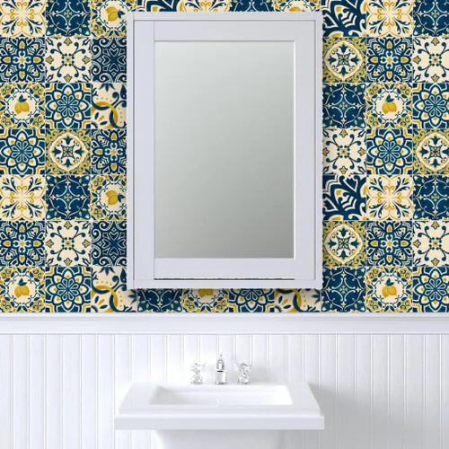 Vista 9 de Papel tapiz para despegar y pegar – Azulejos amarillos Limones Cheater Quilt Italiano Mediterráneo Azulejos Siciliano Karge Escala Toscana, Papel