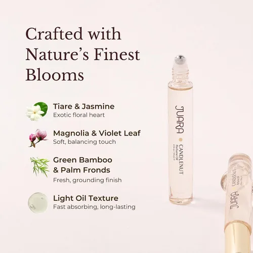Vista 5 de Juara - Aceite de perfume Candlenut Roll-on Fragancia tropical para mujer Ingredientes naturales Lujo de larga duración Sin alcohol Sin