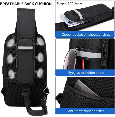 Vista 20 de DUSLANG Mochila de hombro para senderismo, bolsa cruzada para hombres, bolsas de pecho con puerto de cargador USB para campamento casual, ciclismo
